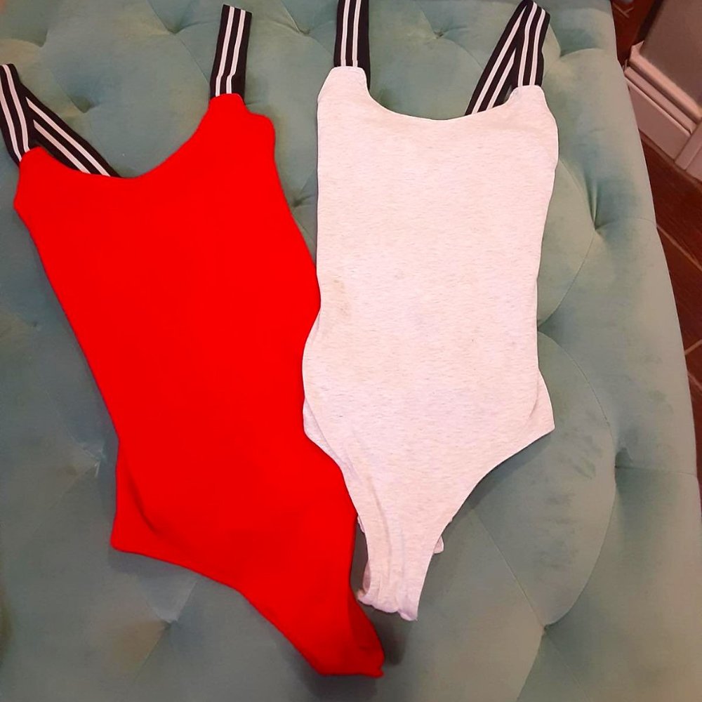 Stretch cross back bodysuits red/gray NWOT